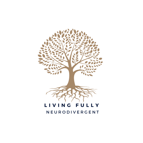 Logo of a tree with full foliage and a strong root system with the words "Living Fully Neurodivergent" at the base